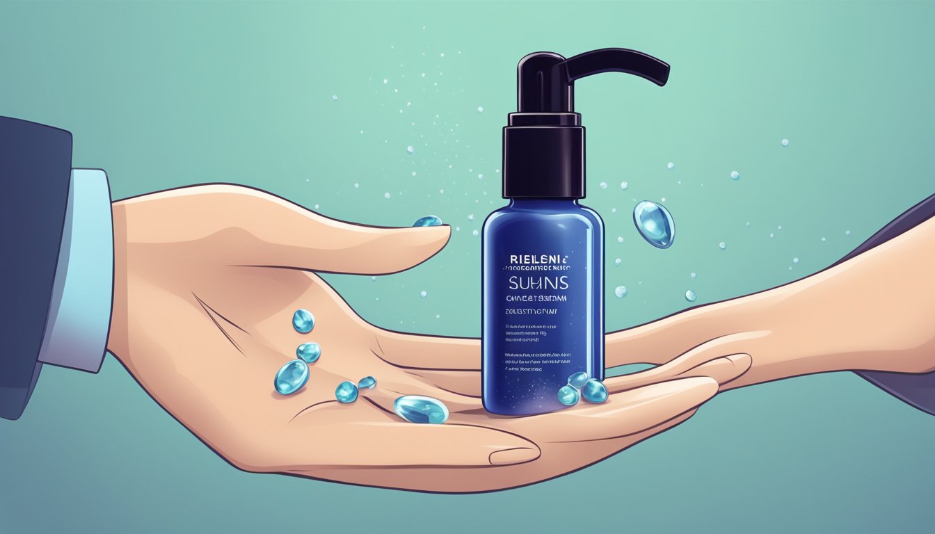 A hand holding a bottle of hair serum, with a few drops falling onto a strand of hair, creating a glossy and smooth effect
