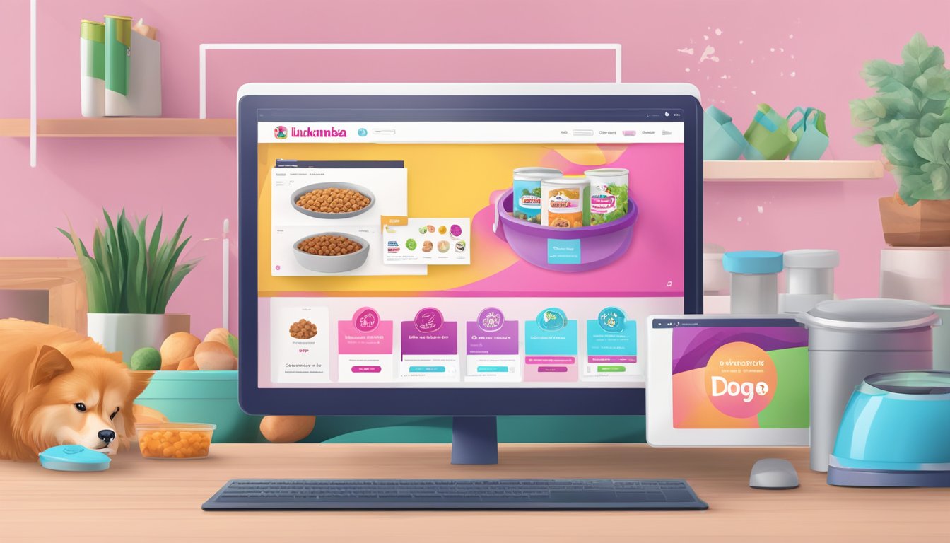 A computer with a browser open to an online pet store, displaying the Eukanuba dog food product page
