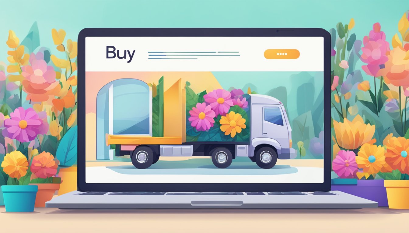 A computer screen displays a colorful website with a "buy flowers online" button. A delivery truck is seen in the background