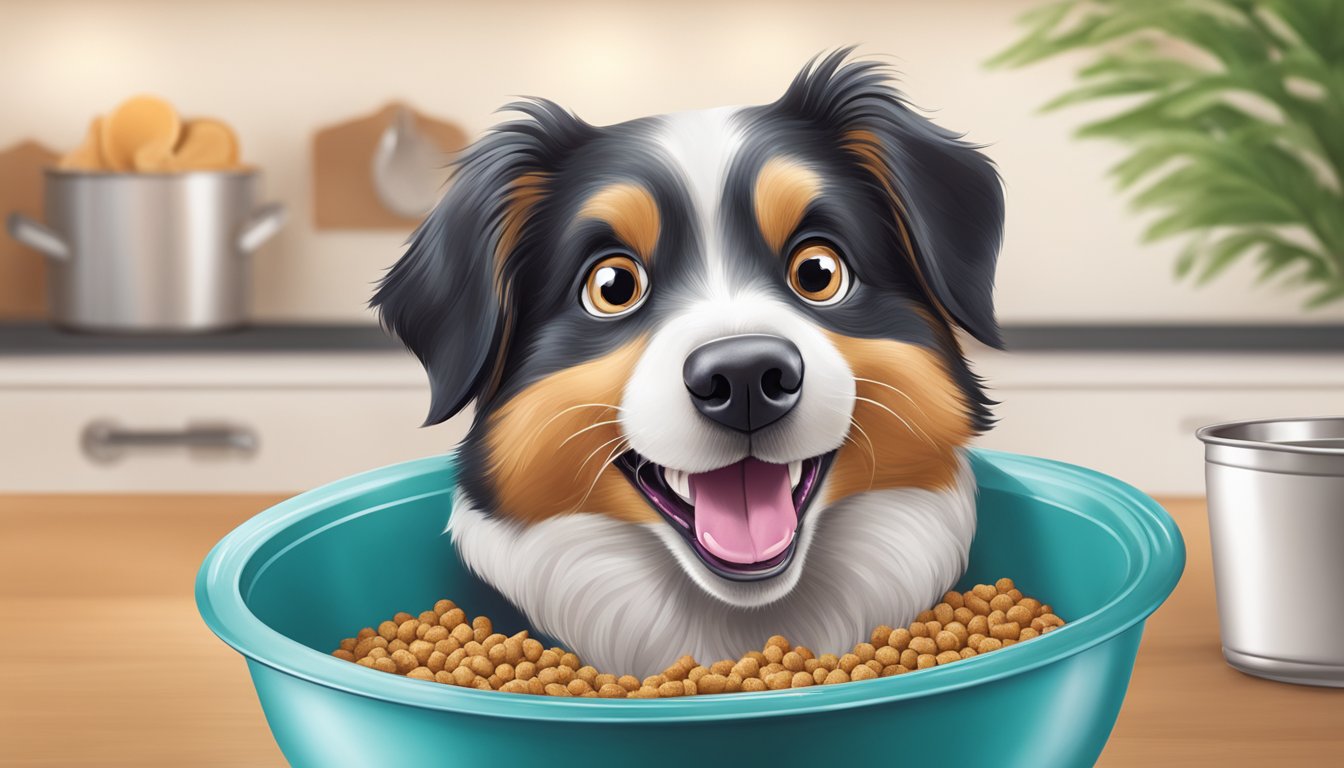 A happy dog eagerly eats Eukanuba dog food from a bowl, with a wagging tail and bright eyes