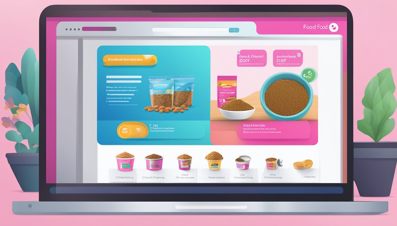 A computer screen displays a website with Eukanuba dog food for sale. A cursor clicks "add to cart" button