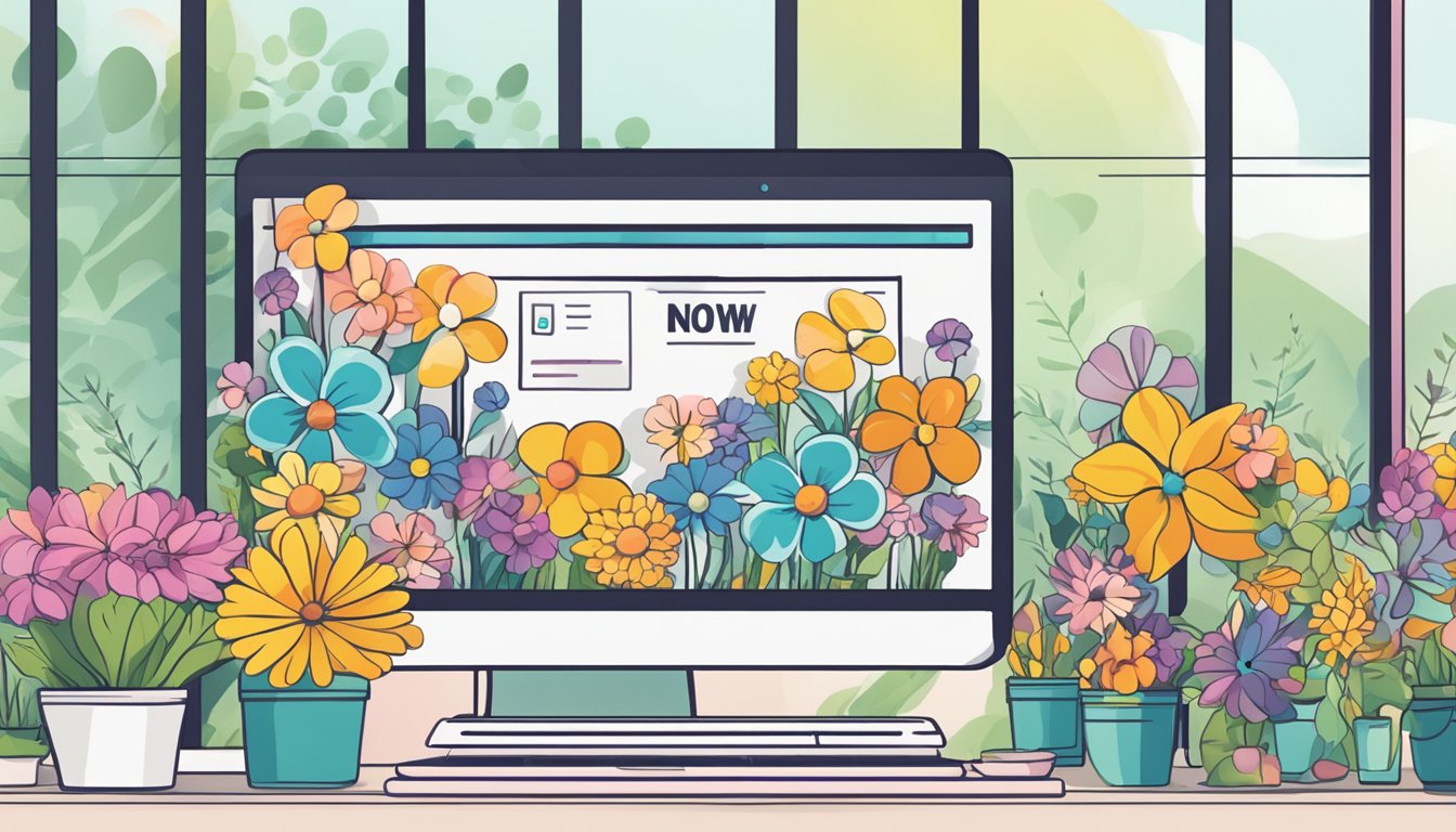 A computer screen displaying a variety of colorful flowers with a "buy now" button