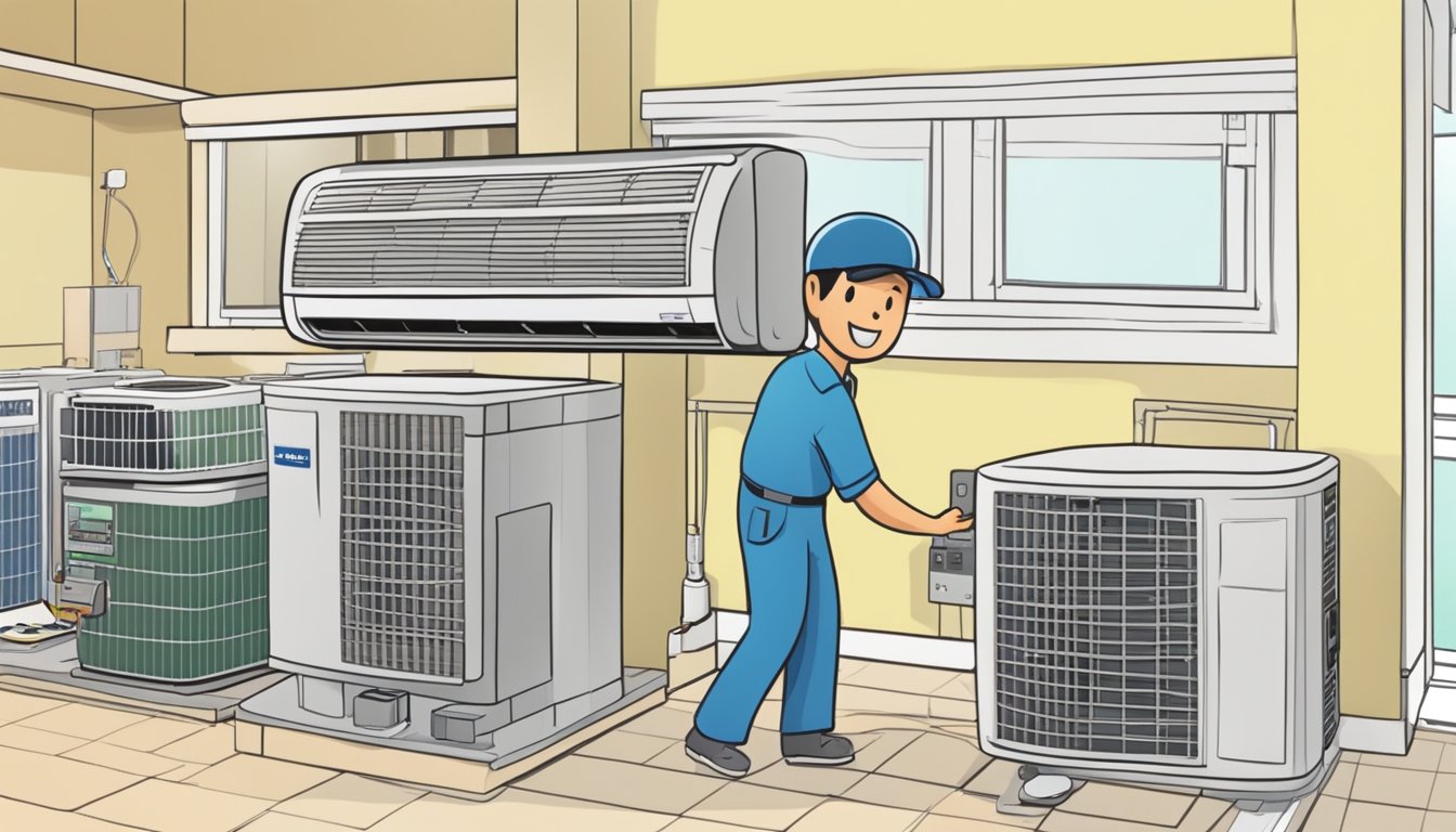 A customer buys an air conditioner at a store, then a technician installs it in a Singaporean home
