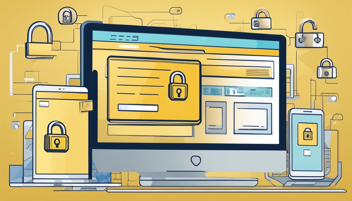 A computer screen displaying a secure website with a "buy gold" button, a credit card, and a padlock symbol