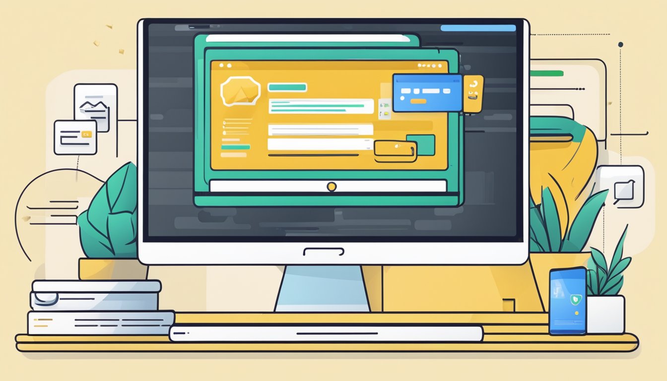 A computer screen with a website displaying gold products, a secure payment process, and a customer support chat window