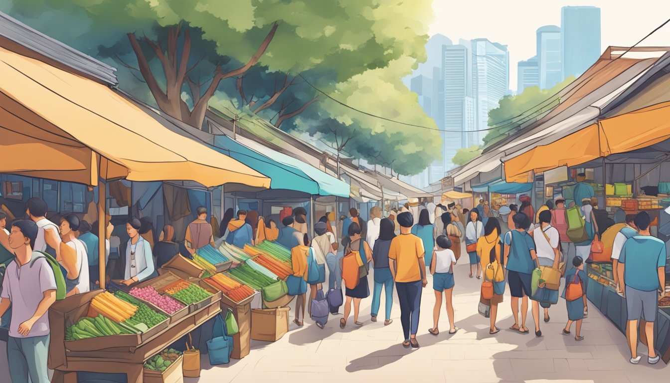 A bustling outdoor market in Singapore, with colorful stalls and a prominent sign reading "Patagonia Store" surrounded by eager shoppers