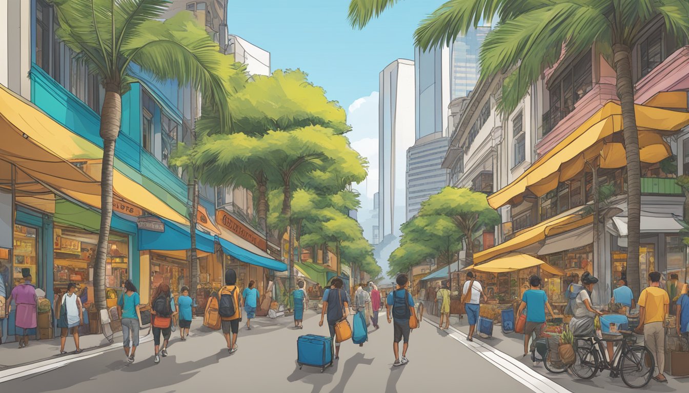 A bustling street in Singapore, with colorful storefronts displaying the iconic logo of Patagonia. Shoppers browse outdoor gear while palm trees sway in the tropical breeze