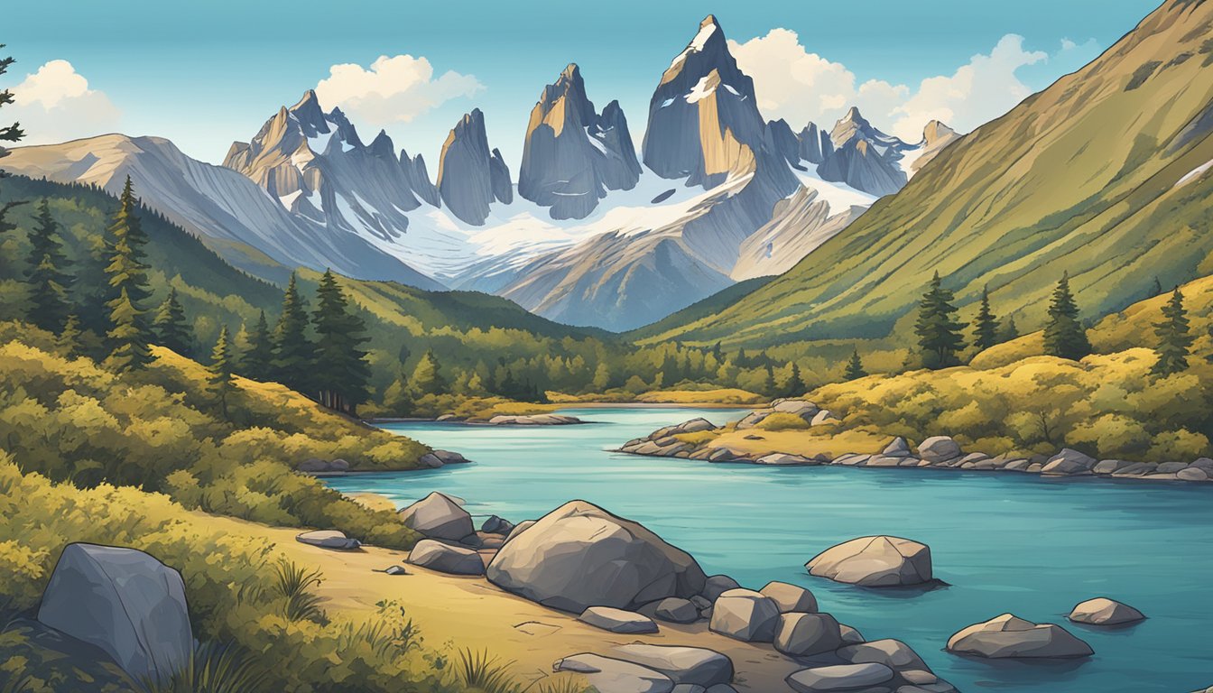 A mountainous landscape with a clear blue sky, showcasing outdoor activities like hiking, camping, and rock climbing. Patagonia products are displayed in a cozy outdoor gear store in Singapore