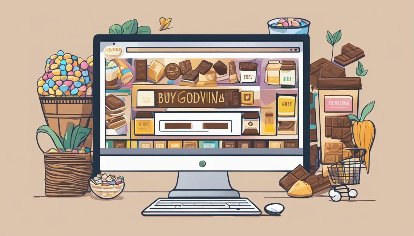 A computer screen displaying a website with the words "Buy Godiva Chocolate Online" in bold letters, surrounded by images of various chocolate products