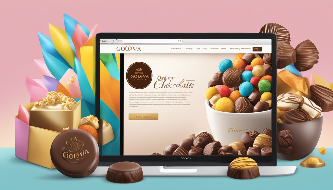 A computer screen displays a colorful array of Godiva chocolates, with the website's logo and "Online Chocolate Haven" prominently featured