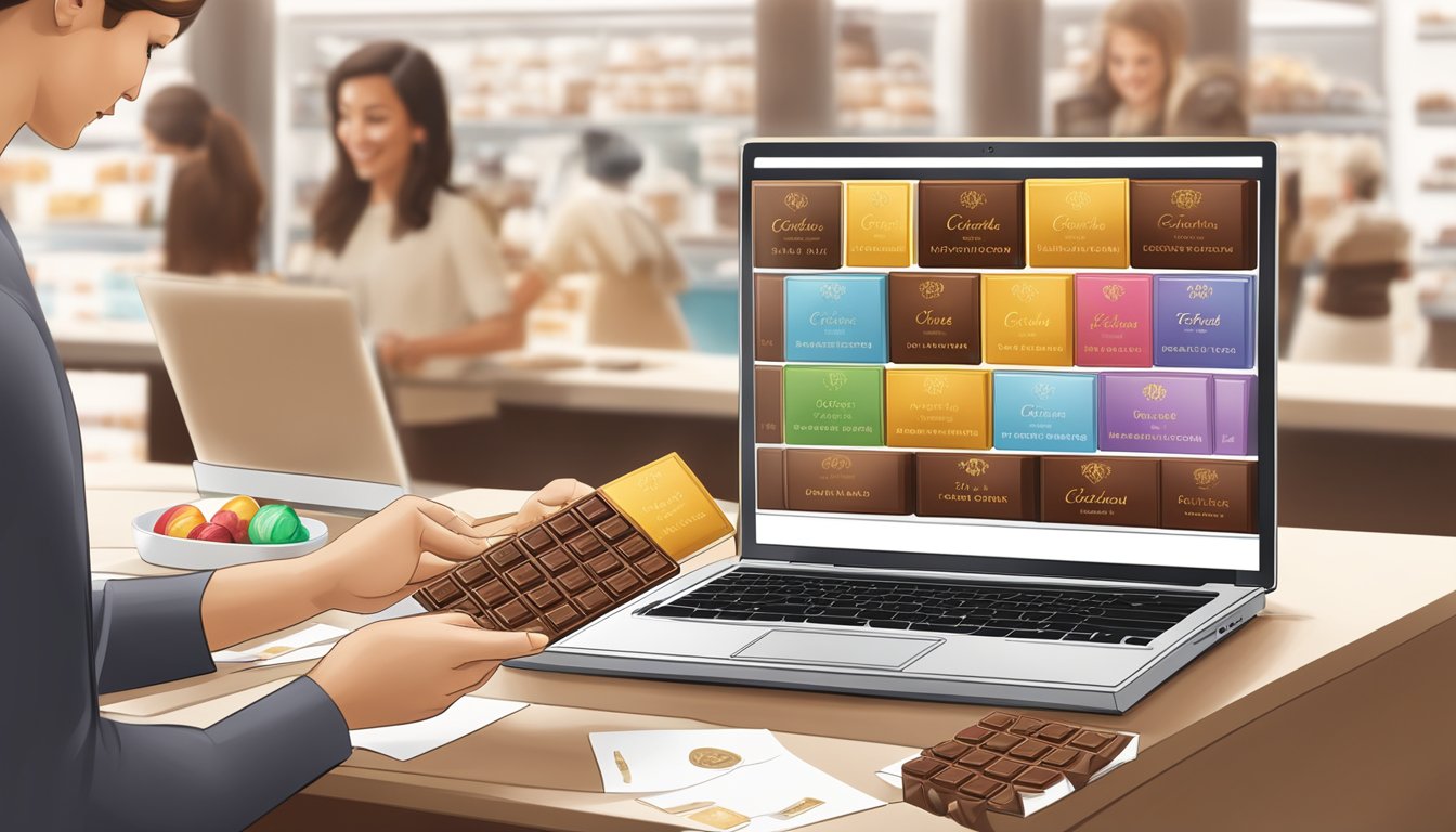 A laptop displaying a variety of Godiva chocolates, a smooth checkout process, and a satisfied customer receiving their order