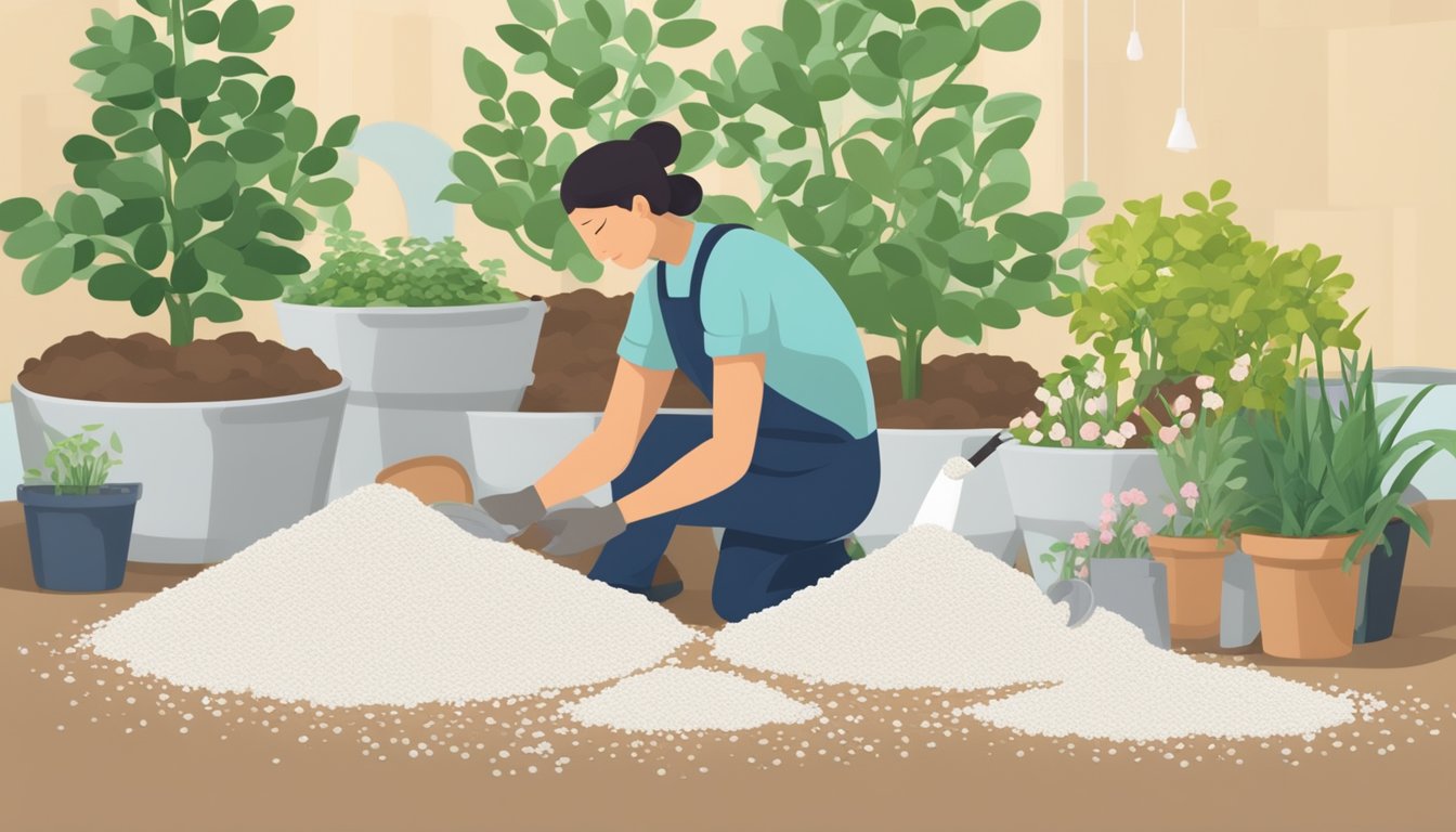 A gardener pours perlite into a pot of soil, creating a light and airy mixture. Bags of perlite are stacked neatly in the background
