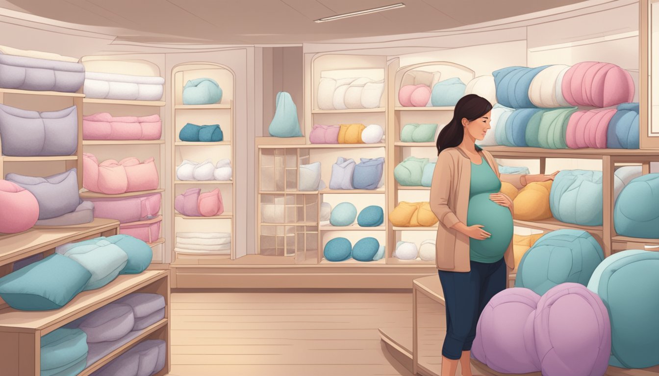 A pregnant woman browsing a variety of pregnancy pillows in a cozy and well-lit maternity store in Singapore