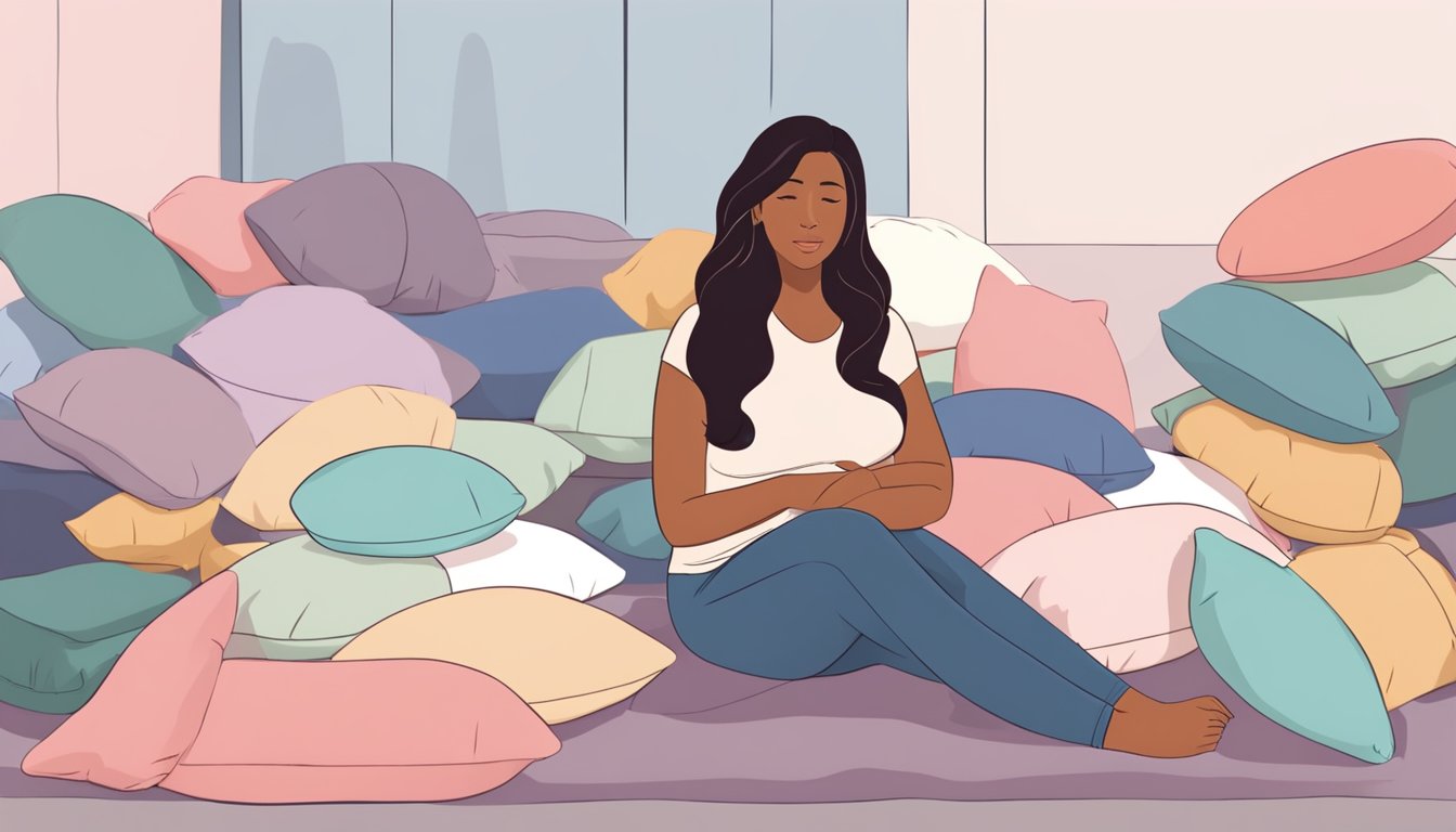 A woman sits on a bed surrounded by various pregnancy pillows, comparing sizes and shapes. She holds one up to her body, testing its support and comfort