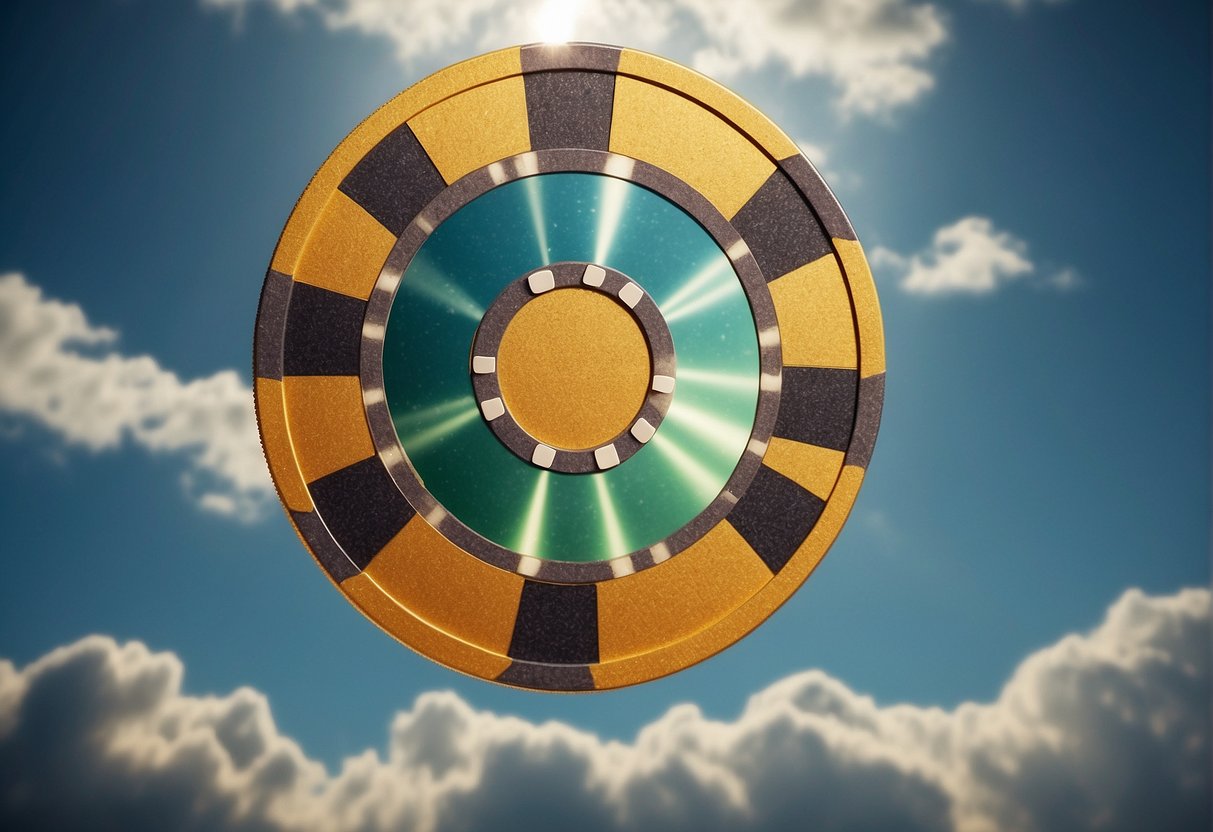 A colorful casino chip floats above a cloud, surrounded by rays of light