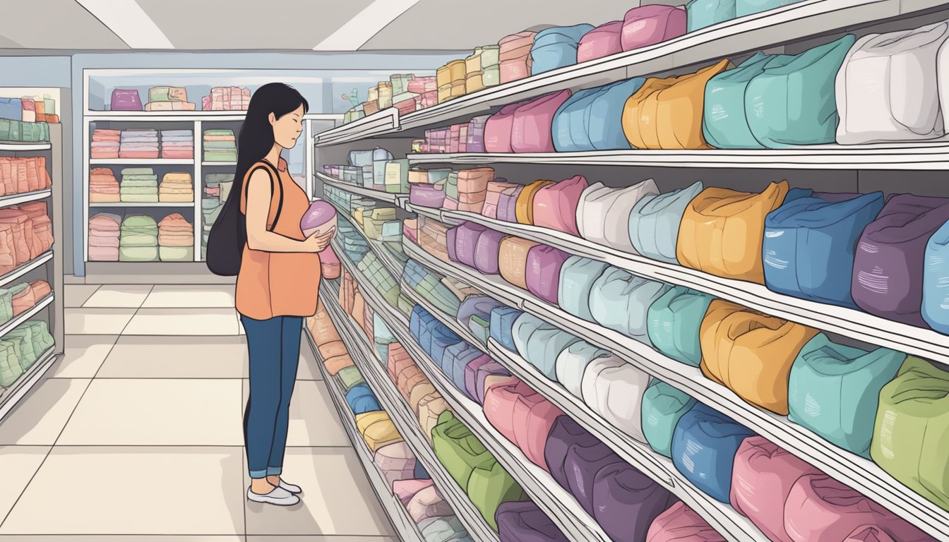 A pregnant woman browsing a store shelf labeled "pregnancy pillows" in Singapore