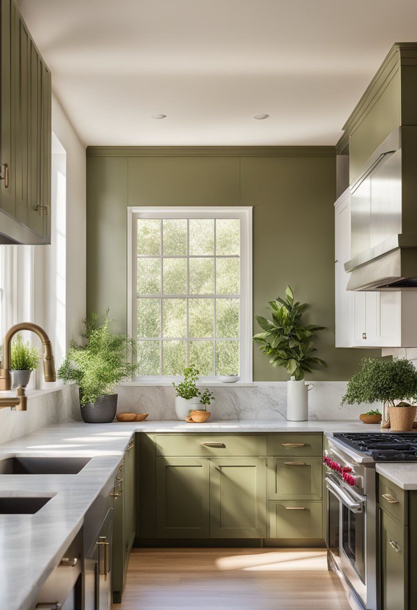 A spacious kitchen with olive green and cream-colored cabinets, a marble countertop, and stainless steel appliances. Sunlight streams through the window, illuminating the cozy and inviting space