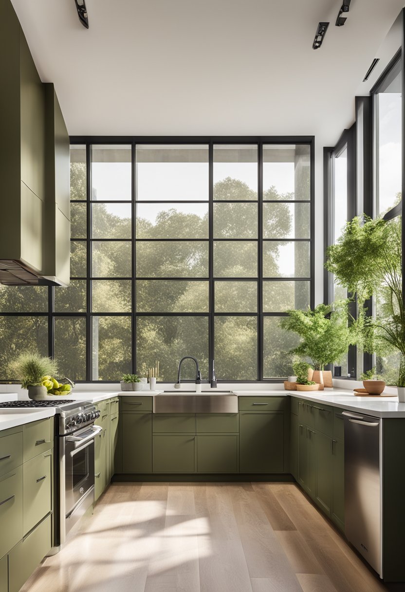 A spacious kitchen with olive green cabinets and cream countertops. Sunlight streams in through large windows, illuminating the sleek stainless steel appliances