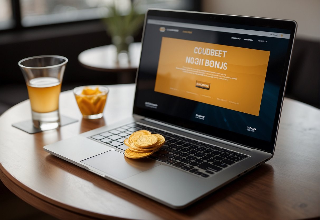 A laptop with Cloudbet website open, displaying the no deposit bonus offer. A stack of chips and a glass of drink next to it