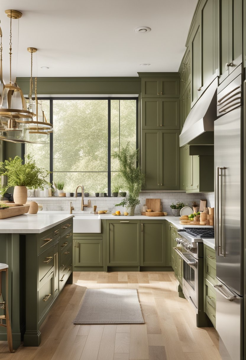A kitchen with olive green cabinets, cream-colored walls, and coordinating decor