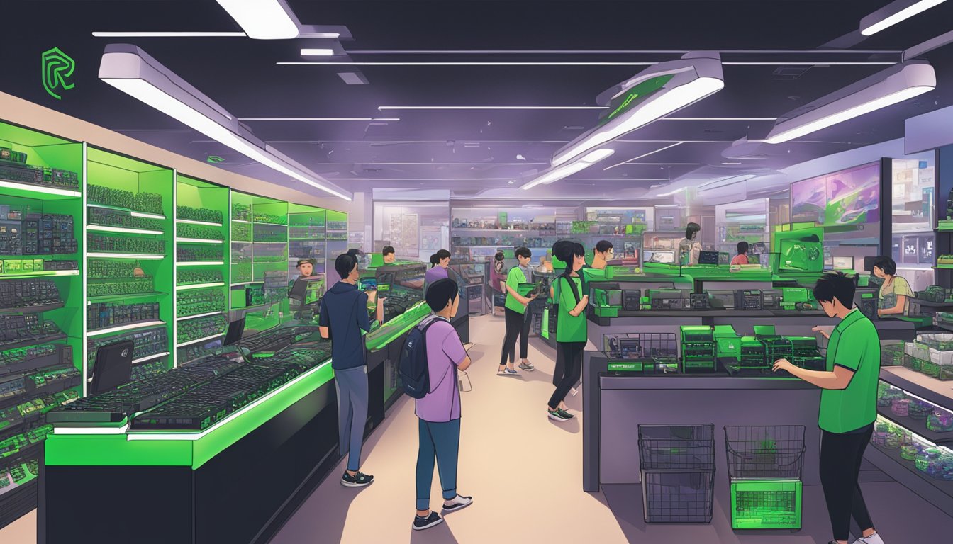 A bustling electronic store in Singapore displays shelves of Razer products, with customers browsing and staff assisting