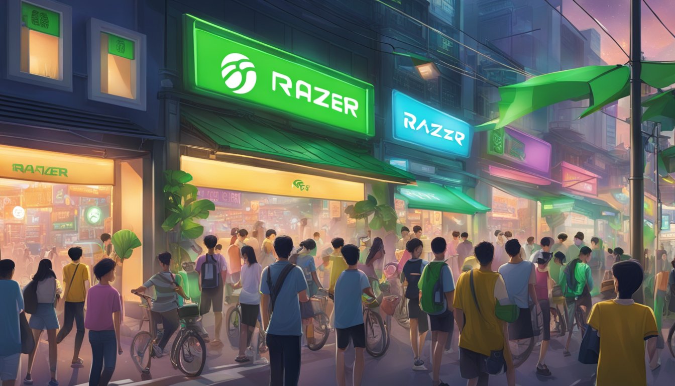 A bustling street in Singapore with prominent Razer signage on storefronts of authorized retailers. Bright lights and a diverse crowd add to the energetic atmosphere