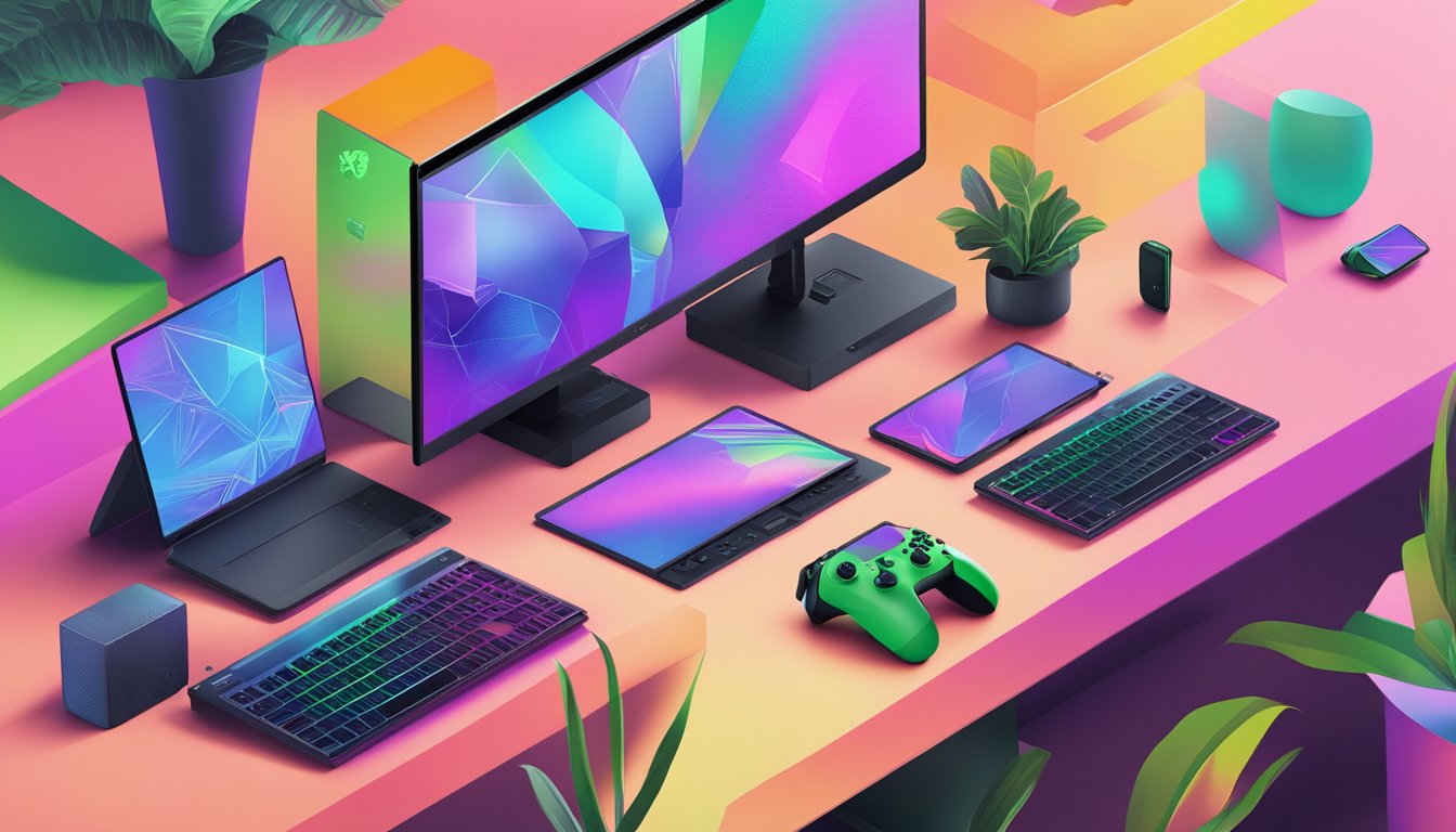 Multiple electronic devices displayed on a bright, modern website. Razer products are showcased with prices and purchase options