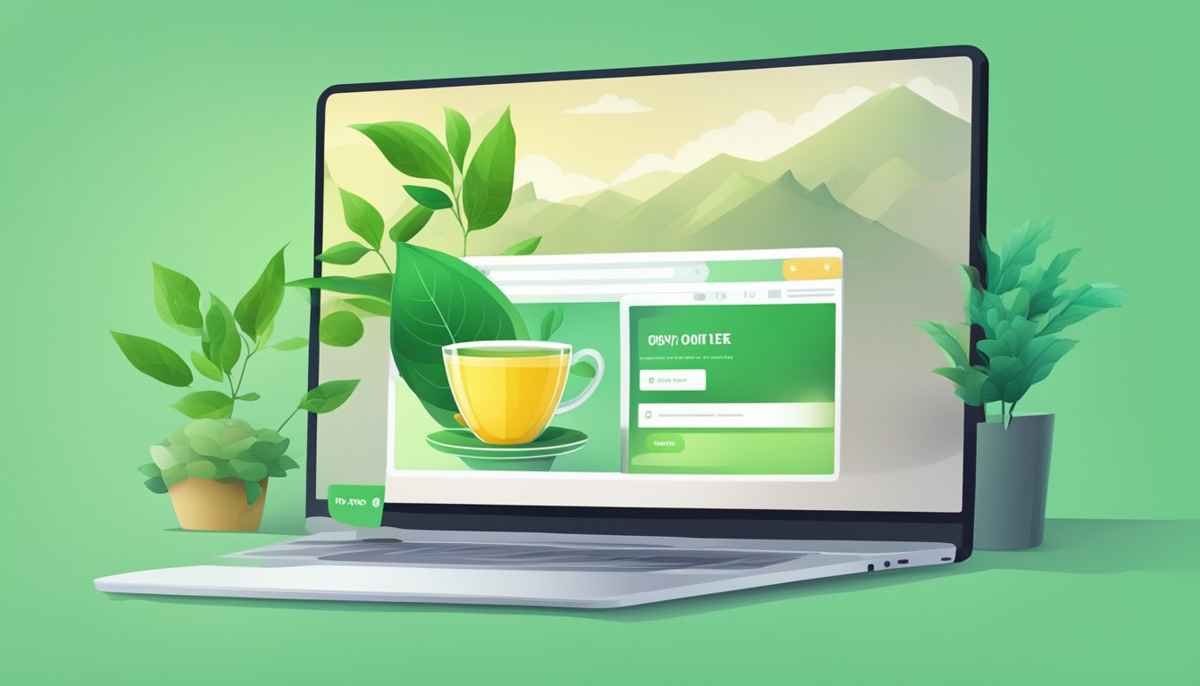 A computer screen with a web browser open to a green tea online store. A cursor hovers over the "buy now" button