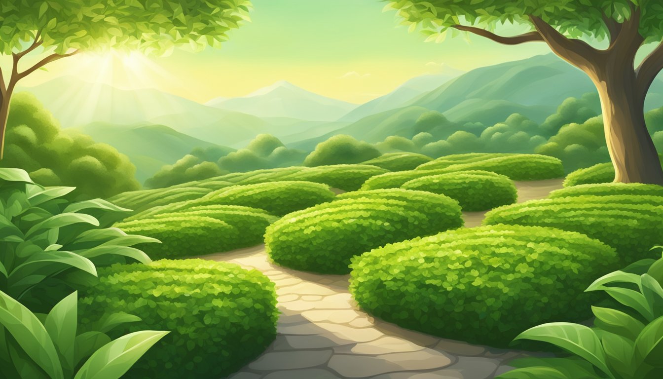 A serene garden with lush green tea bushes, delicate leaves glistening in the sunlight. A tranquil atmosphere, with a sense of discovery and appreciation for the world of green tea