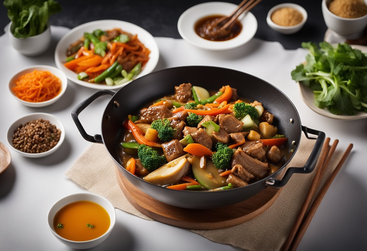 A wok sizzles with fragrant spices, vegetables, and tender chunks of meat simmering in a rich Indo-Chinese gravy