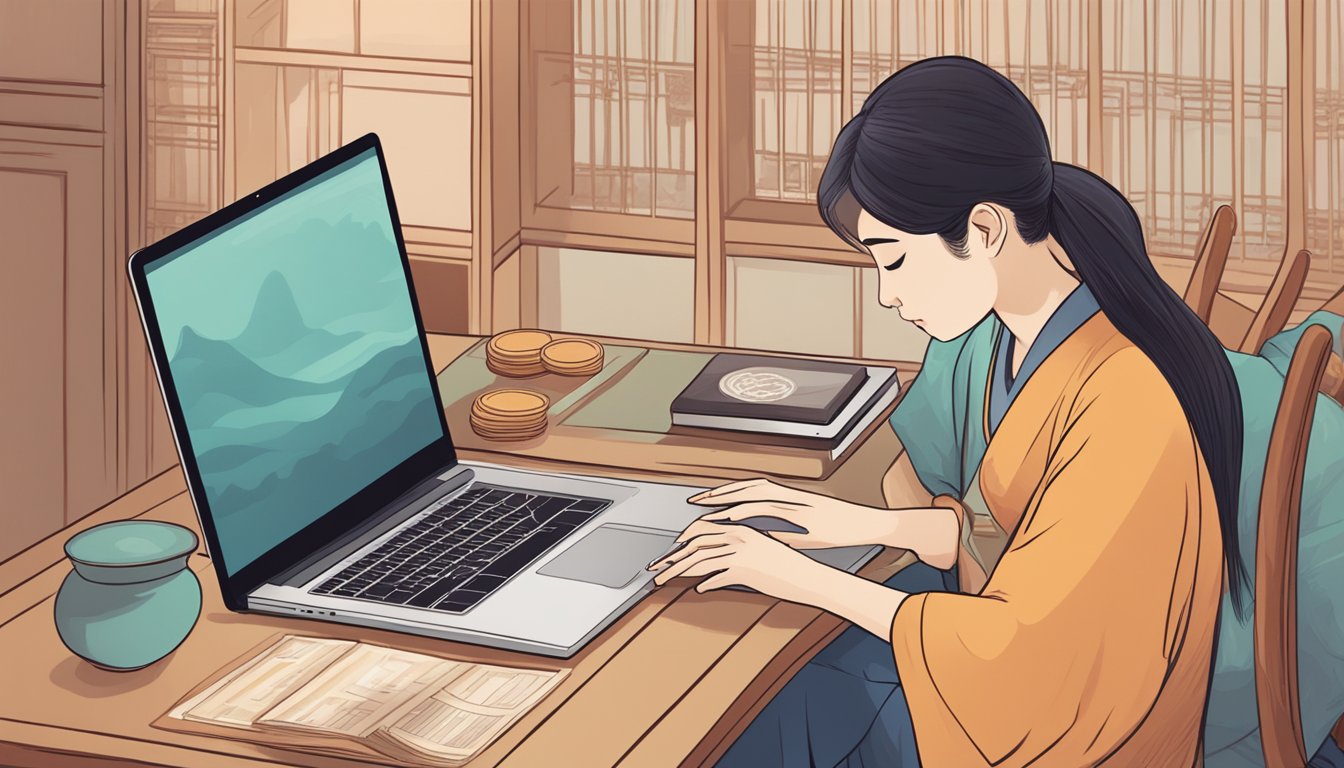 A person browsing a laptop, clicking on a website to purchase a guzheng online