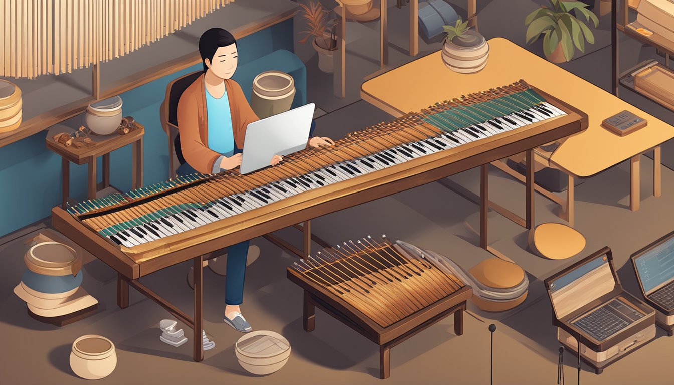 A person browsing guzheng options online, surrounded by various instruments and accessories, with a computer or tablet in front of them