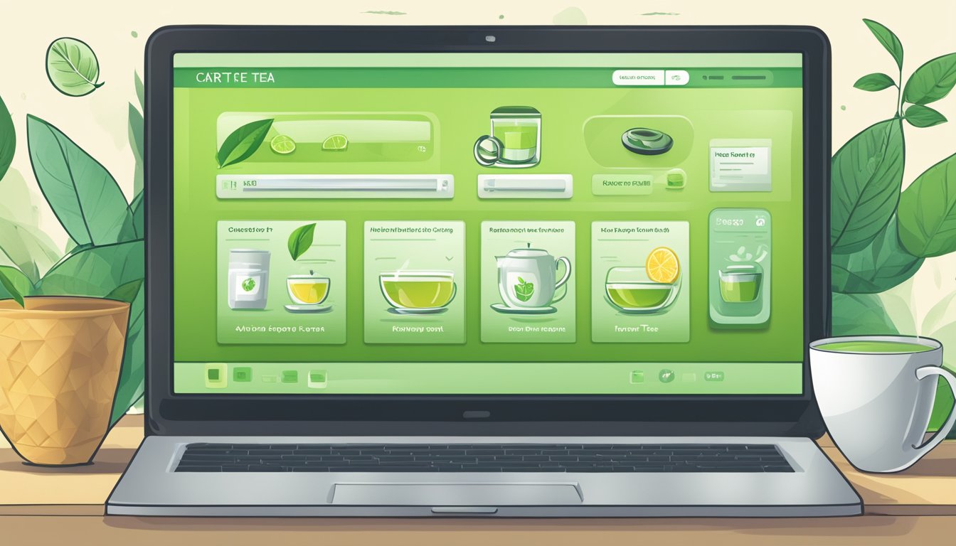 A computer screen showing a website with various green tea options. A cursor hovers over the "add to cart" button