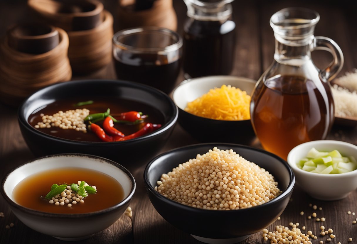 A table with bowls of soy sauce, vinegar, sugar, and cornstarch. Also, bottles of chili sauce, sesame oil, and vegetable broth