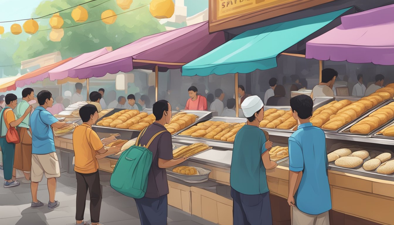 A bustling Singapore market stall sells fragrant roti boyan, with customers eagerly lining up to purchase the traditional Indonesian pastry