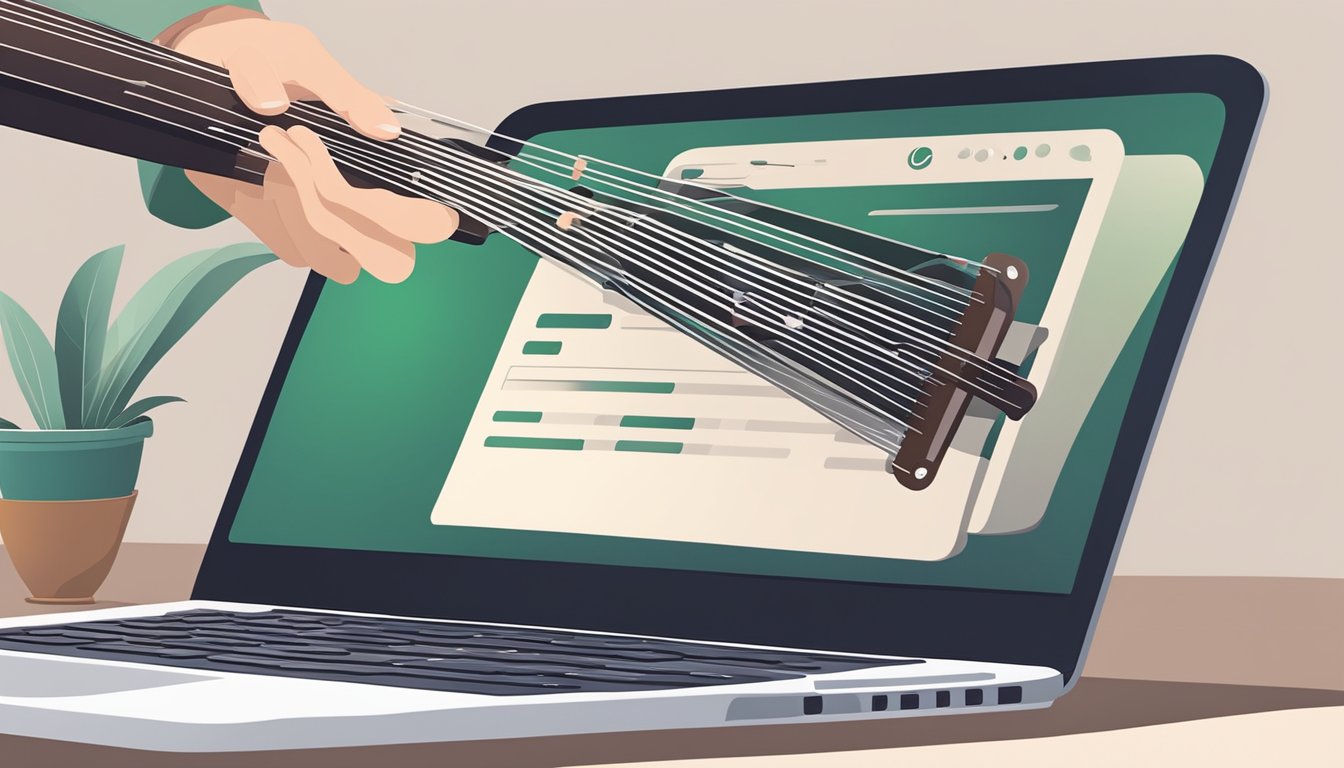 A hand clicks "Add to Cart" on a laptop screen. A guzheng instrument is displayed on the webpage. Payment information is entered