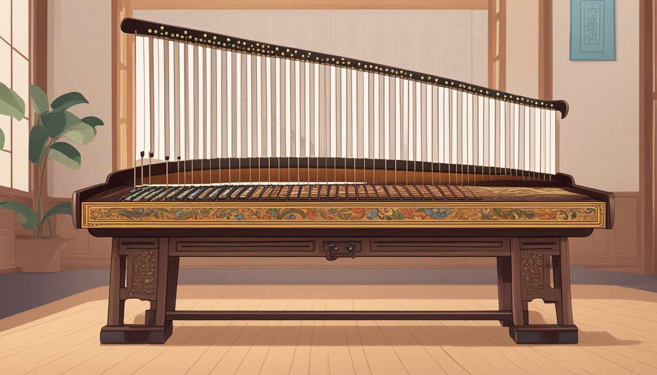 A guzheng displayed online with a "Frequently Asked Questions" section visible on the screen