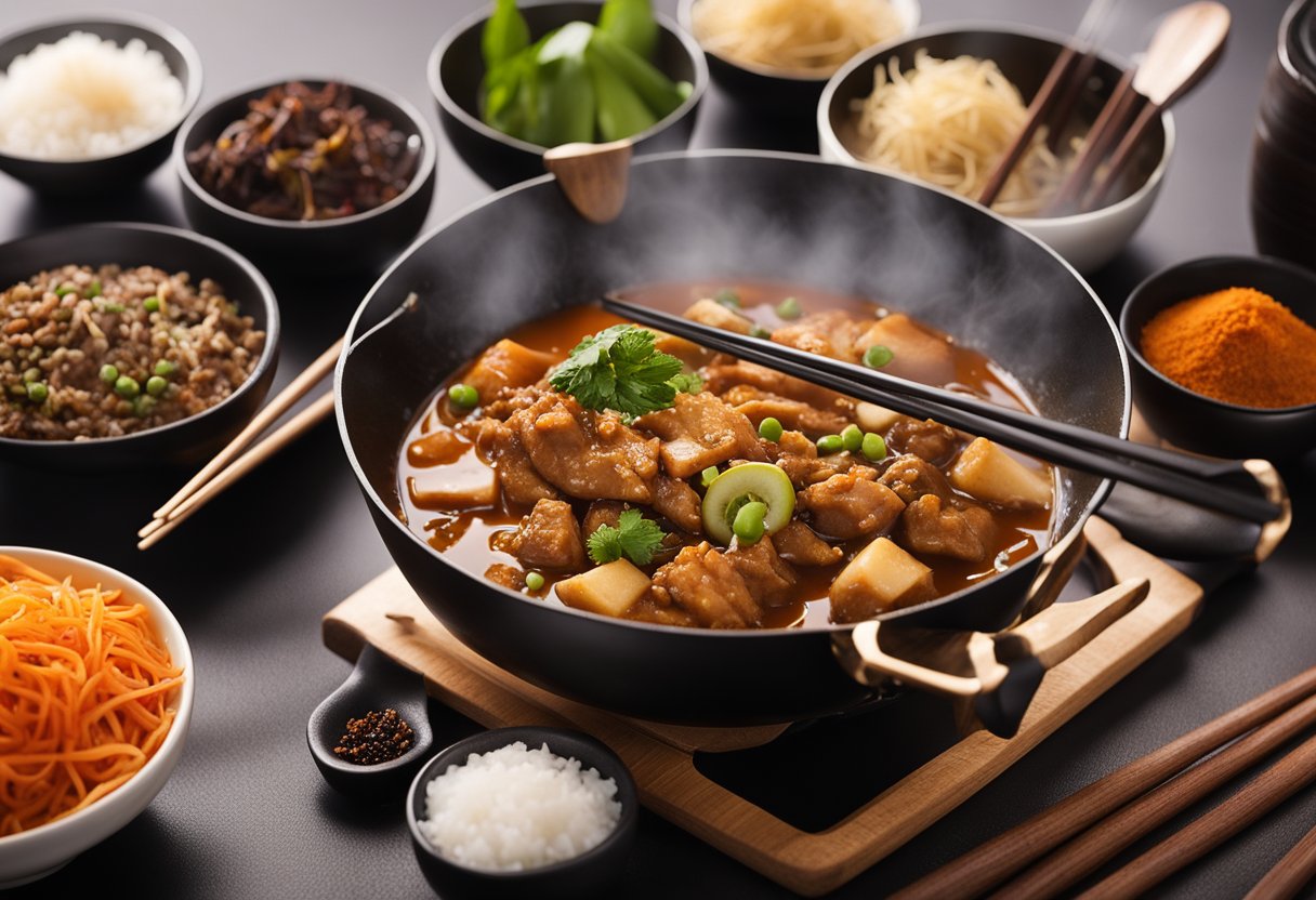 Sizzling wok with steaming gravy, surrounded by chopsticks, ladle, and spice jars