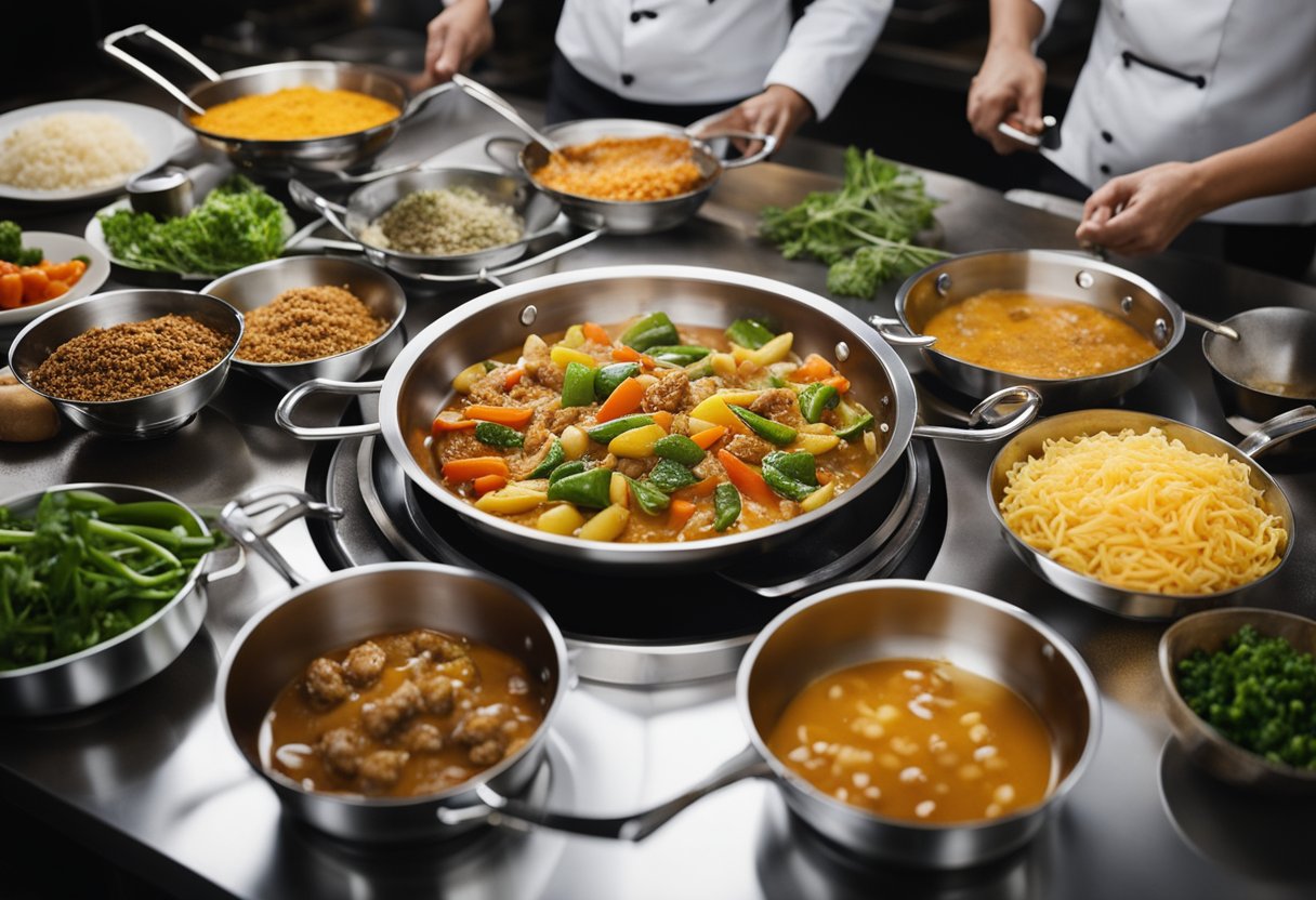 A bustling kitchen with sizzling woks, colorful vegetables, and aromatic spices being tossed together to create popular Indo-Chinese gravy dishes