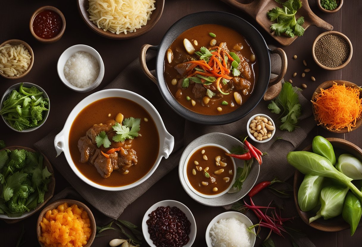 A steaming plate of Indo-Chinese gravy dishes paired with Staples ingredients. Rich, aromatic sauces and vibrant vegetables create a mouthwatering scene