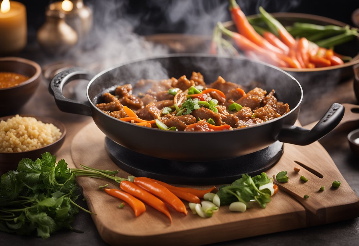 A steaming wok sizzles with Indo-Chinese gravy. Ingredients like soy sauce and chili paste sit nearby. A chef's knife and cutting board are ready for prep