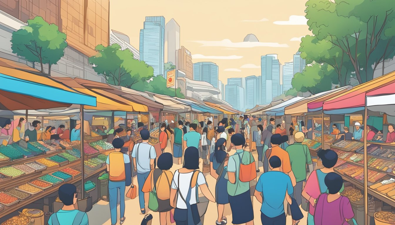 A bustling street market in Singapore displays rows of second-hand watches for sale. Brightly colored stalls and eager shoppers create a lively atmosphere