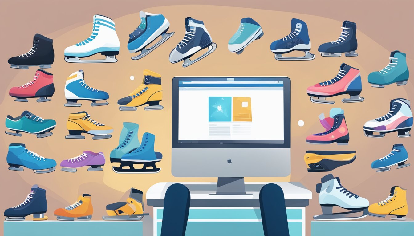 A person comparing different ice skates online, surrounded by various options and a computer or mobile device for browsing