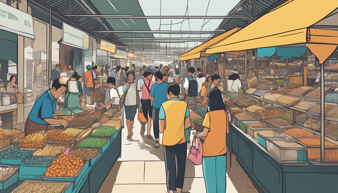 A bustling street market in Singapore displays a variety of second-hand watches for sale, with vendors showcasing their wares in colorful, vibrant stalls