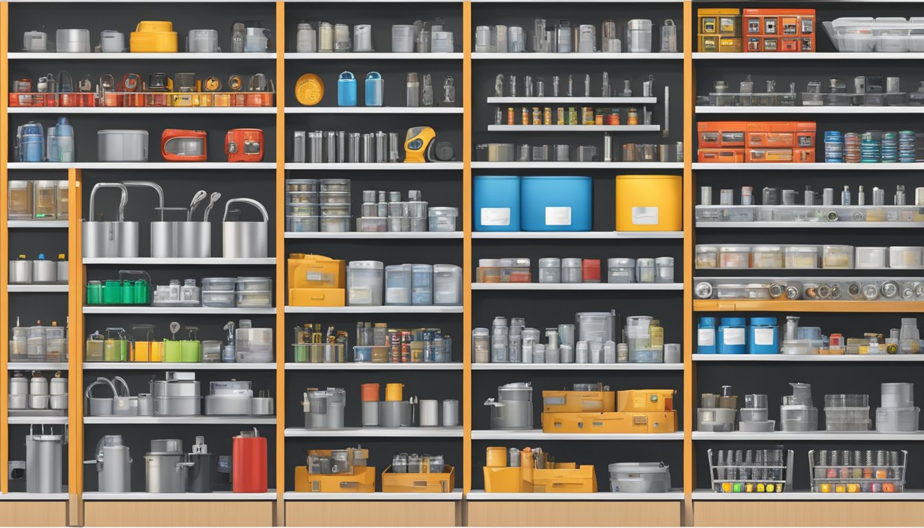 A diverse range of hardware items displayed on shelves and racks, with clear labels and organized sections for easy selection