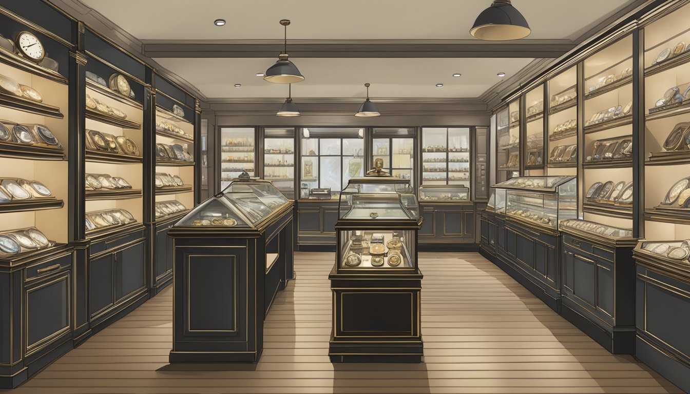 A well-lit vintage watch shop in Singapore, with shelves neatly displaying second-hand timepieces. The store exudes a sense of authenticity and quality