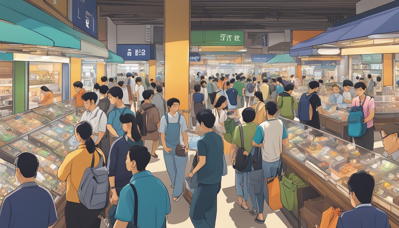 A bustling marketplace with various watch vendors and customers browsing through second-hand timepieces in Singapore