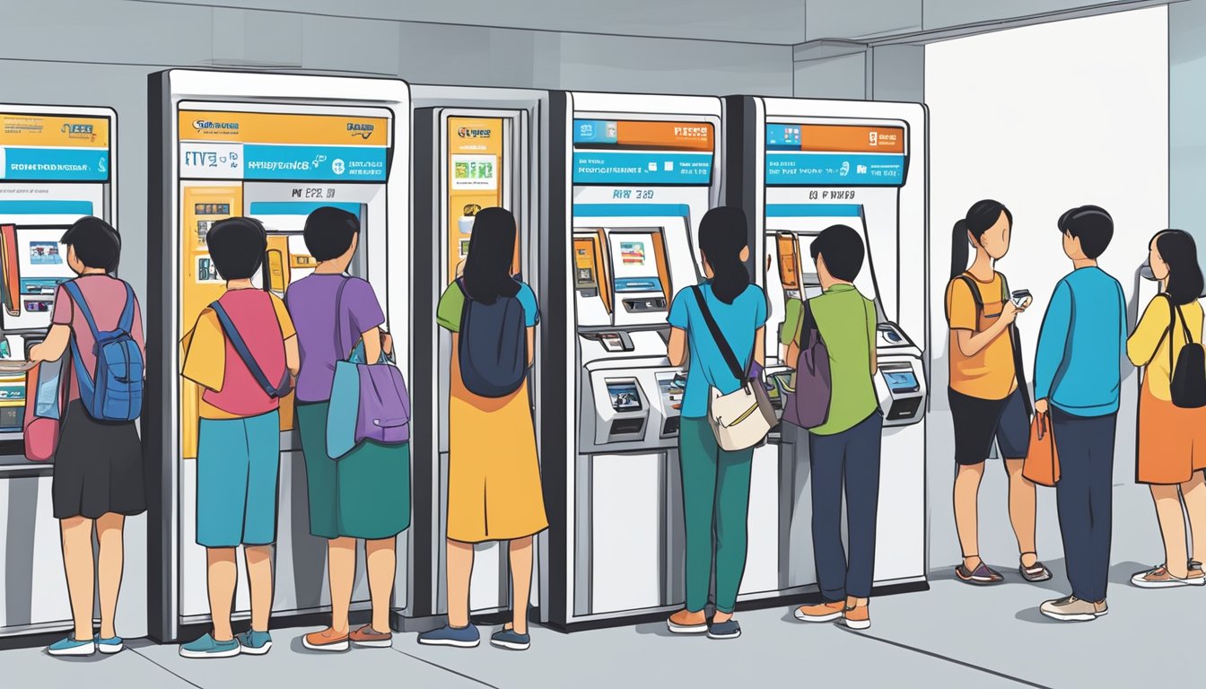 Passengers lining up at a ticket counter, purchasing Singapore MRT cards from a vending machine. Signs display "MRT Card Purchase" in multiple languages
