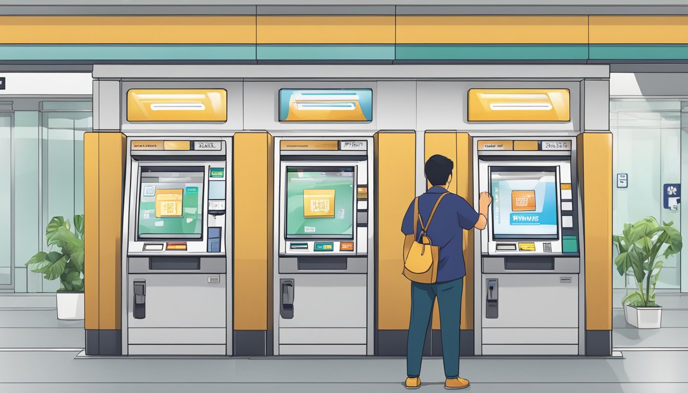 A person approaches a ticket machine at the Singapore MRT station, inserting money and selecting a card to purchase