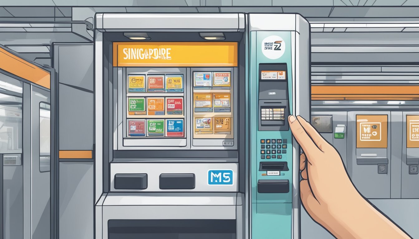 A hand holds an MRT card, tapping it at the gantry. A vending machine sells the card, with a sign displaying "Where to buy Singapore MRT card."